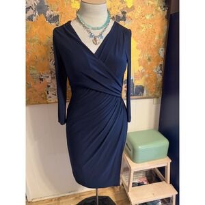 Lauren Ralph Lauren Navy Blue Faux Wrap Body Con 3/4 Sleeve Ruched Side Dress 8